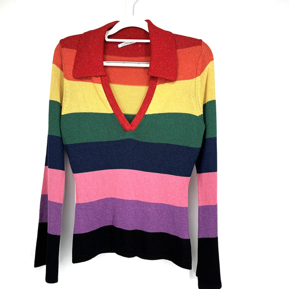 Olivia Rubin Sweater Women Small Jordan Color Block V Neck Metallic Y2K Striped - Picture 1 of 8
